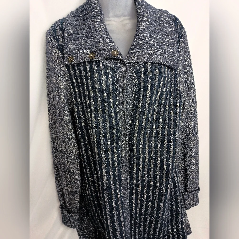 CHICOS Winter Cozy Coatigan Blue White Knit Long Cardigan‎ (1,554)C